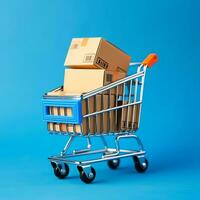 Composition of shopping cart or trolley with gift boxes or bags. Cyber monday sales or shopping day concept by AI Generated photo
