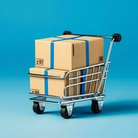 composición de compras carro o carretilla con regalo cajas o bolsas. ciber lunes ventas o compras día concepto por ai generado foto