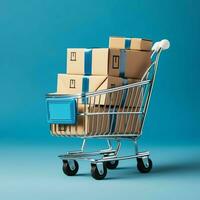 Composition of shopping cart or trolley with gift boxes or bags. Cyber monday sales or shopping day concept by AI Generated photo