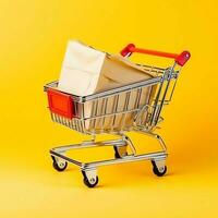 Composition of shopping cart or trolley with gift boxes or bags. Cyber monday sales or shopping day concept by AI Generated photo