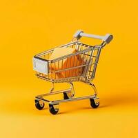 Composition of shopping cart or trolley with gift boxes or bags. Cyber monday sales or shopping day concept by AI Generated photo