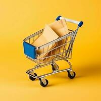 Composition of shopping cart or trolley with gift boxes or bags. Cyber monday sales or shopping day concept by AI Generated photo