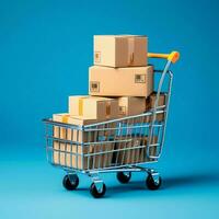 Composition of shopping cart or trolley with gift boxes or bags. Cyber monday sales or shopping day concept by AI Generated photo