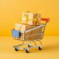 Composition of shopping cart or trolley with gift boxes or bags. Cyber monday sales or shopping day concept by AI Generated photo