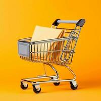 Composition of shopping cart or trolley with gift boxes or bags. Cyber monday sales or shopping day concept by AI Generated photo