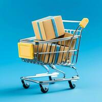 Composition of shopping cart or trolley with gift boxes or bags. Cyber monday sales or shopping day concept by AI Generated photo