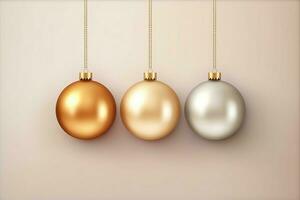 Christmas background with christmas balls ornaments hanging with copy space. Christmas decoration concept by AI Generated photo