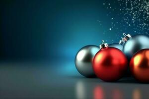 Navidad antecedentes con Navidad pelotas adornos colgando con Copiar espacio. Navidad decoración concepto por ai generado foto