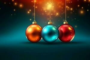 Christmas background with christmas balls ornaments hanging with copy space. Christmas decoration concept by AI Generated photo