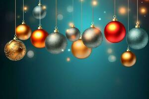 Christmas background with christmas balls ornaments hanging with copy space. Christmas decoration concept by AI Generated photo