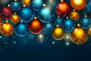 Christmas background with christmas balls ornaments hanging with copy space. Christmas decoration concept by AI Generated photo