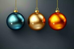 Christmas background with christmas balls ornaments hanging with copy space. Christmas decoration concept by AI Generated photo