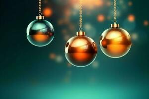 Christmas background with christmas balls ornaments hanging with copy space. Christmas decoration concept by AI Generated photo