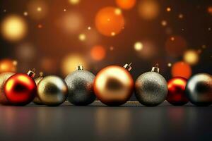 Christmas background with christmas balls ornaments hanging with copy space. Christmas decoration concept by AI Generated photo