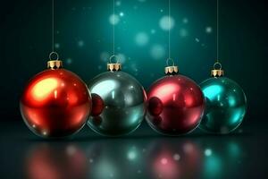 Christmas background with christmas balls ornaments hanging with copy space. Christmas decoration concept by AI Generated photo