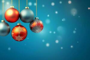 Christmas background with christmas balls ornaments hanging with copy space. Christmas decoration concept by AI Generated photo