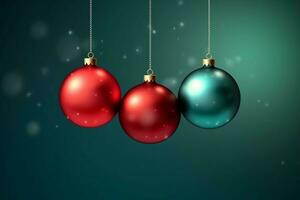 Christmas background with christmas balls ornaments hanging with copy space. Christmas decoration concept by AI Generated photo