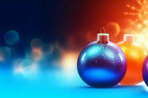 Christmas background with christmas balls ornaments hanging with copy space. Christmas decoration concept by AI Generated photo