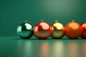 Christmas background with christmas balls ornaments hanging with copy space. Christmas decoration concept by AI Generated photo