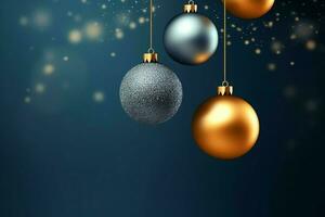 Christmas background with christmas balls ornaments hanging with copy space. Christmas decoration concept by AI Generated photo