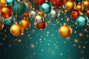 Christmas background with christmas balls ornaments hanging with copy space. Christmas decoration concept by AI Generated photo