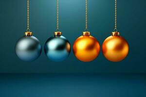 Christmas background with christmas balls ornaments hanging with copy space. Christmas decoration concept by AI Generated photo