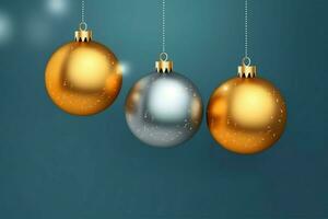 Christmas background with christmas balls ornaments hanging with copy space. Christmas decoration concept by AI Generated photo