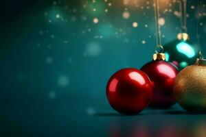 Christmas background with christmas balls ornaments hanging with copy space. Christmas decoration concept by AI Generated photo