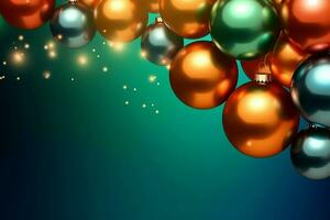 Christmas background with christmas balls ornaments hanging with copy space. Christmas decoration concept by AI Generated photo