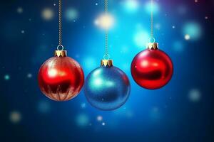 Christmas background with christmas balls ornaments hanging with copy space. Christmas decoration concept by AI Generated photo