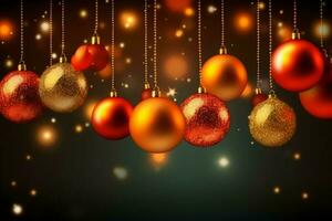 Christmas background with christmas balls ornaments hanging with copy space. Christmas decoration concept by AI Generated photo