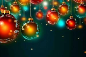 Christmas background with christmas balls ornaments hanging with copy space. Christmas decoration concept by AI Generated photo