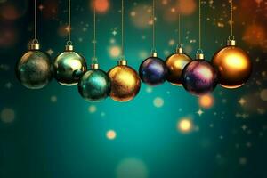 Christmas background with christmas balls ornaments hanging with copy space. Christmas decoration concept by AI Generated photo