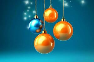 Christmas background with christmas balls ornaments hanging with copy space. Christmas decoration concept by AI Generated photo