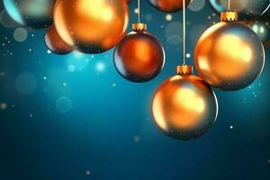 Navidad antecedentes con Navidad pelotas adornos colgando con Copiar espacio. Navidad decoración concepto por ai generado foto