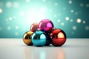 Christmas background with christmas balls ornaments hanging with copy space. Christmas decoration concept by AI Generated photo