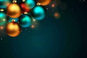 Christmas background with christmas balls ornaments hanging with copy space. Christmas decoration concept by AI Generated photo