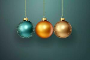 Christmas background with christmas balls ornaments hanging with copy space. Christmas decoration concept by AI Generated photo