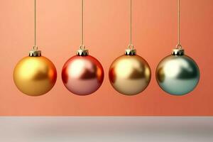 Christmas background with christmas balls ornaments hanging with copy space. Christmas decoration concept by AI Generated photo