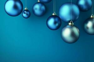 Christmas background with christmas balls ornaments hanging with copy space. Christmas decoration concept by AI Generated photo