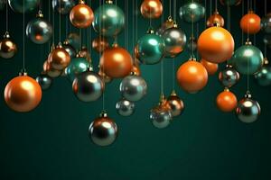 Christmas background with christmas balls ornaments hanging with copy space. Christmas decoration concept by AI Generated photo