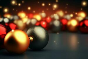 Christmas background with christmas balls ornaments hanging with copy space. Christmas decoration concept by AI Generated photo