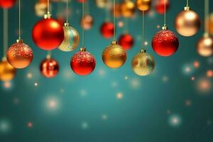 Christmas background with christmas balls ornaments hanging with copy space. Christmas decoration concept by AI Generated photo