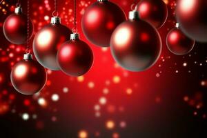 Christmas background with christmas balls ornaments hanging with copy space. Christmas decoration concept by AI Generated photo