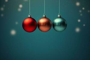 Christmas background with christmas balls ornaments hanging with copy space. Christmas decoration concept by AI Generated photo