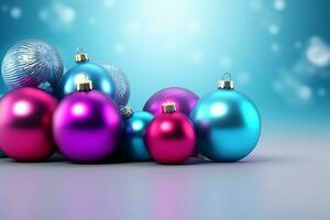 Navidad antecedentes con Navidad pelotas adornos colgando con Copiar espacio. Navidad decoración concepto por ai generado foto