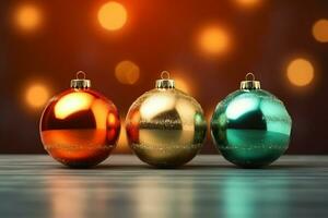 Christmas background with christmas balls ornaments hanging with copy space. Christmas decoration concept by AI Generated photo