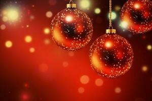 Christmas background with christmas balls ornaments hanging with copy space. Christmas decoration concept by AI Generated photo