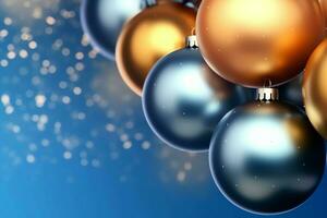 Christmas background with christmas balls ornaments hanging with copy space. Christmas decoration concept by AI Generated photo