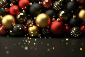 Christmas background with christmas balls ornaments hanging with copy space. Christmas decoration concept by AI Generated photo